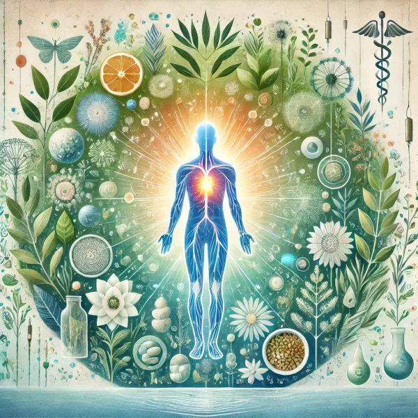 DALL·E 2024-10-19 12.44.45 - A visual representation of integrative naturopathy, depicting a harmonious balance between mind, body, and spirit. The image shows natural elements li